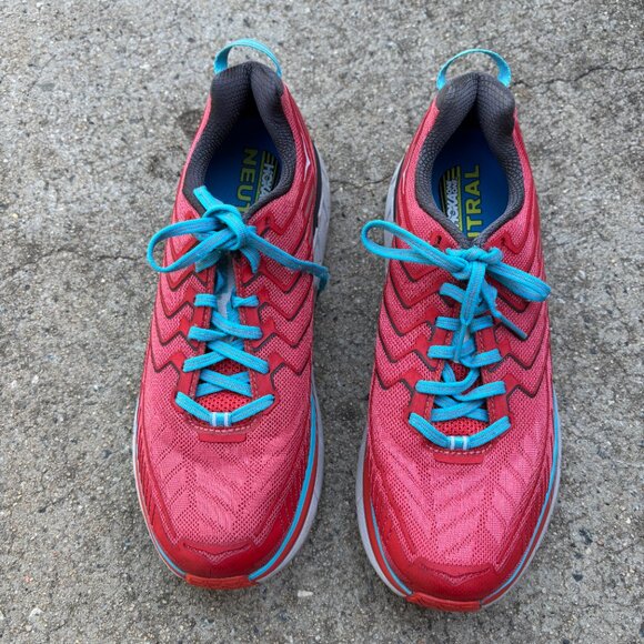 Hoka One One Clifton 4 Womens 9.5 Red Blue Running Walking Sneaker Trainers Gym - Picture 2 of 7